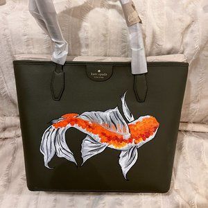 NWT Kate Spade Hand Painted Koi Fish Olive GreePebbled Leather Shoulder Tote Bag